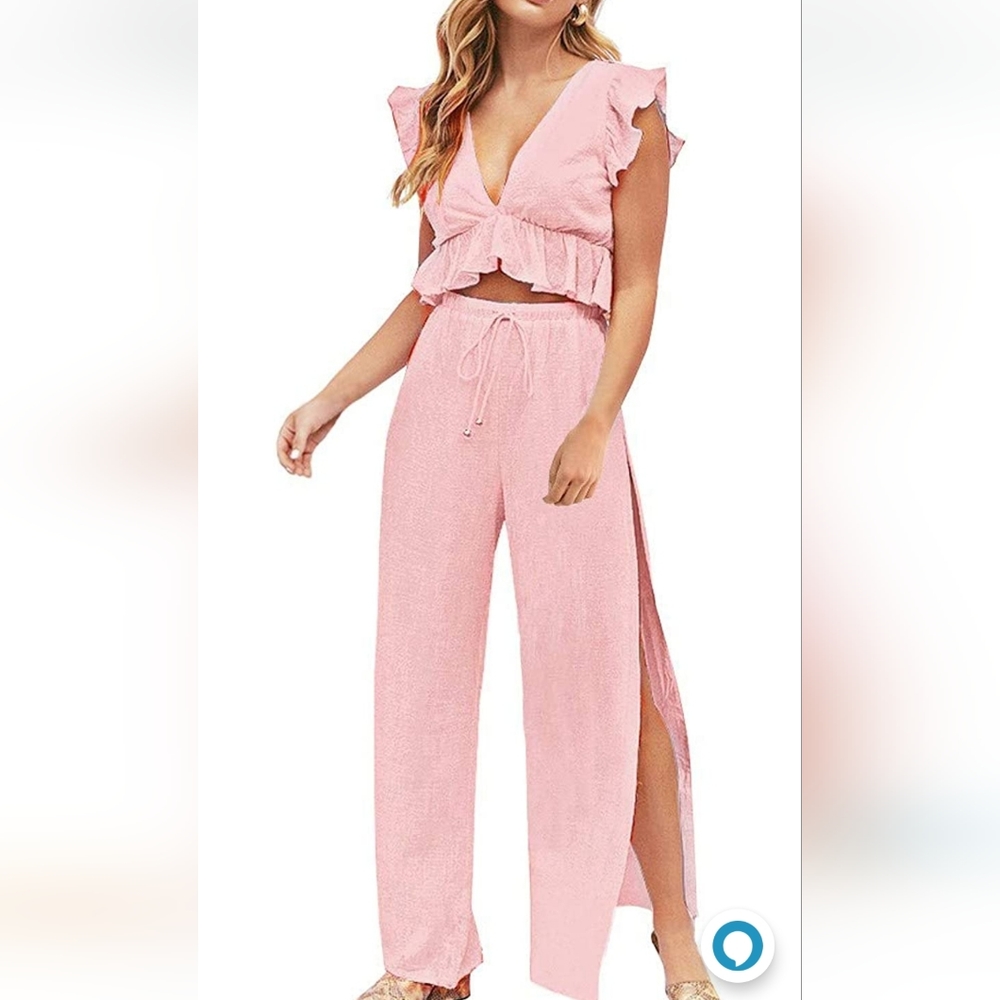FANCYINN Womens 2 Pieces Outfits Deep V Neck Crop Top Side Slit Drawstring Wide